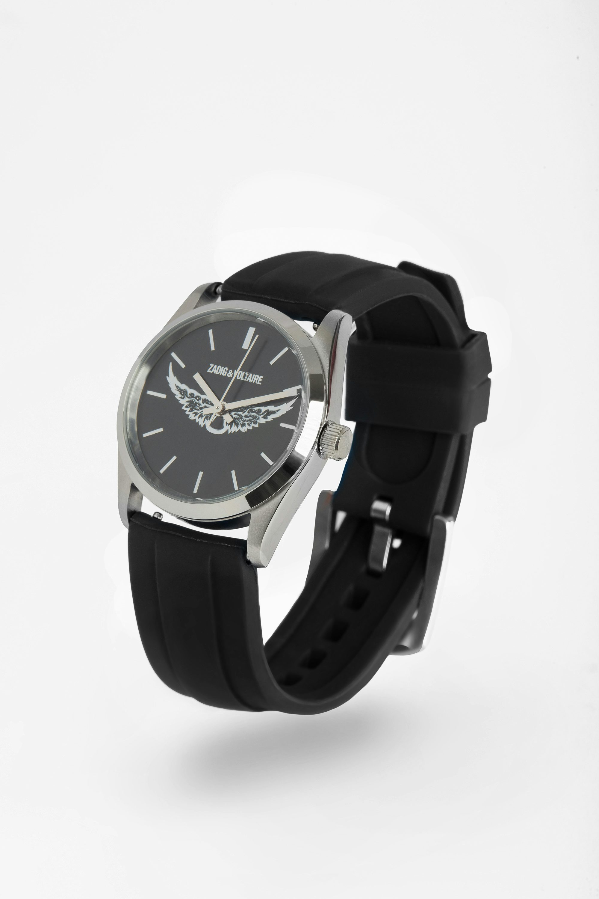Zadig Rubber Wings Watch - Gray stainless steel watch with silicone strap and black dial with wing motifs.